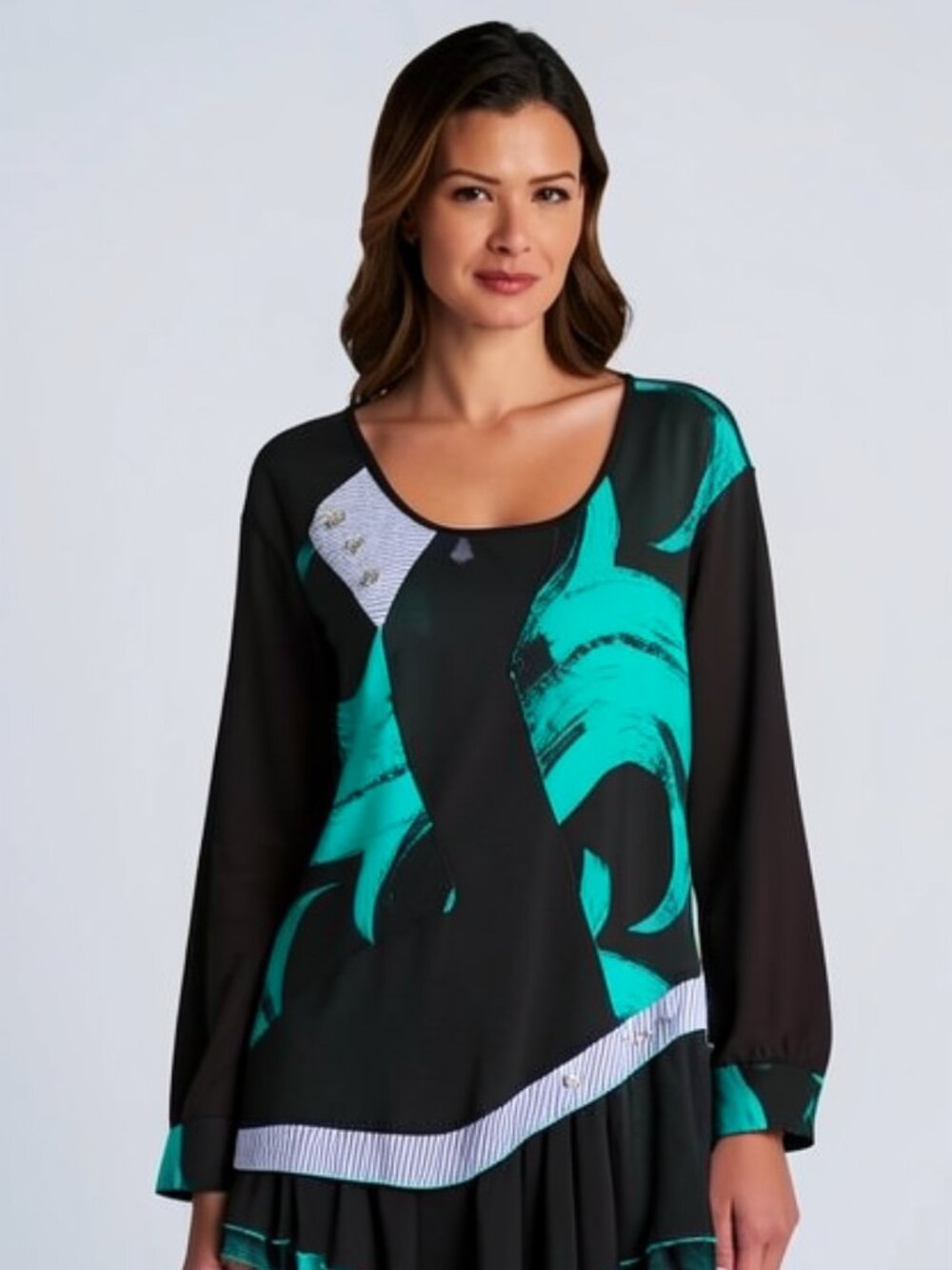 Mirror Image Womens Size L Top Blouse Tunic Patchwork Ruffle 3/4 Sleeves